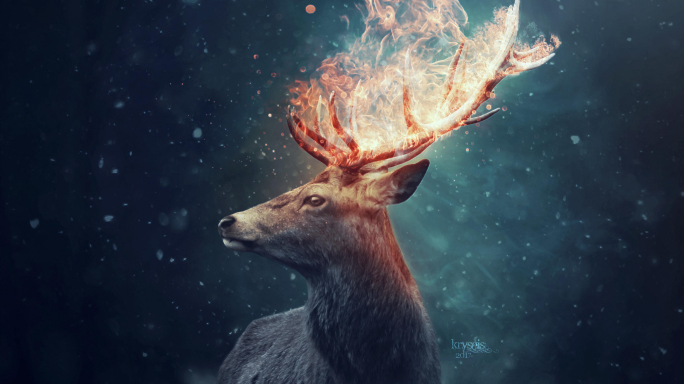 Braunes Reh Mit Blauen Und Roten Lichtern. Wallpaper in 1366x768 Resolution