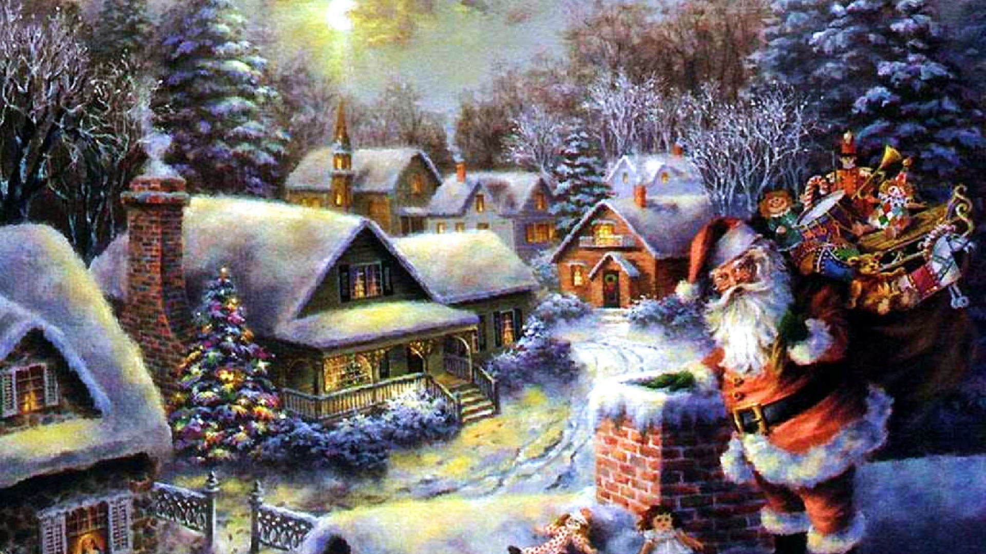 Santa Claus, Christmas Day, Holiday, Winter, Painting. Wallpaper in 1920x1080 Resolution