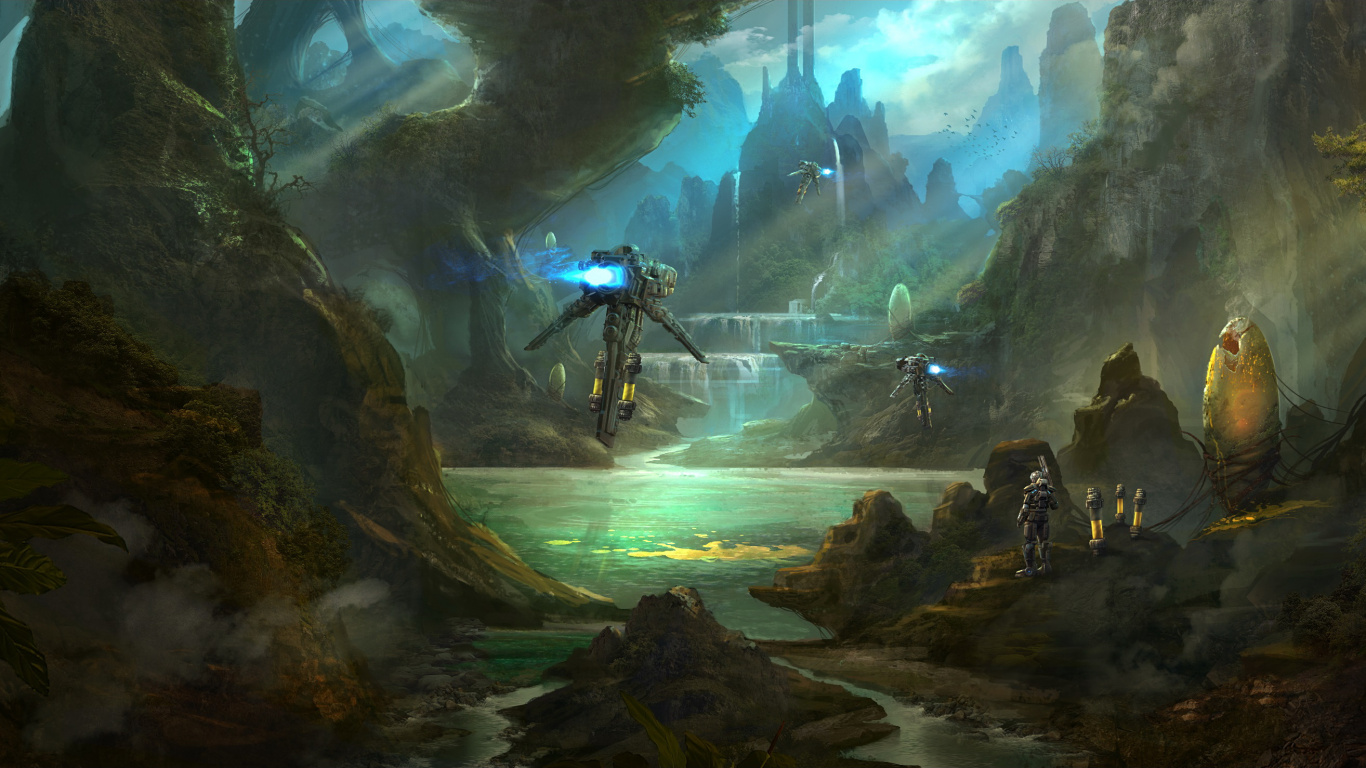 Menschen, Die Auf Einer Felsigen Straße in Der Nähe Von Wasserfällen Gehen. Wallpaper in 1366x768 Resolution