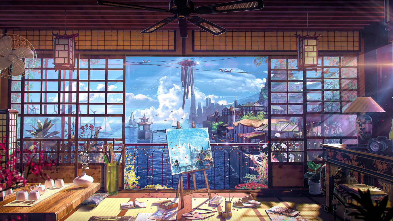 Anime Room, Animated Cartoon, Painting, Fan Art, Art. Wallpaper in 1366x768 Resolution