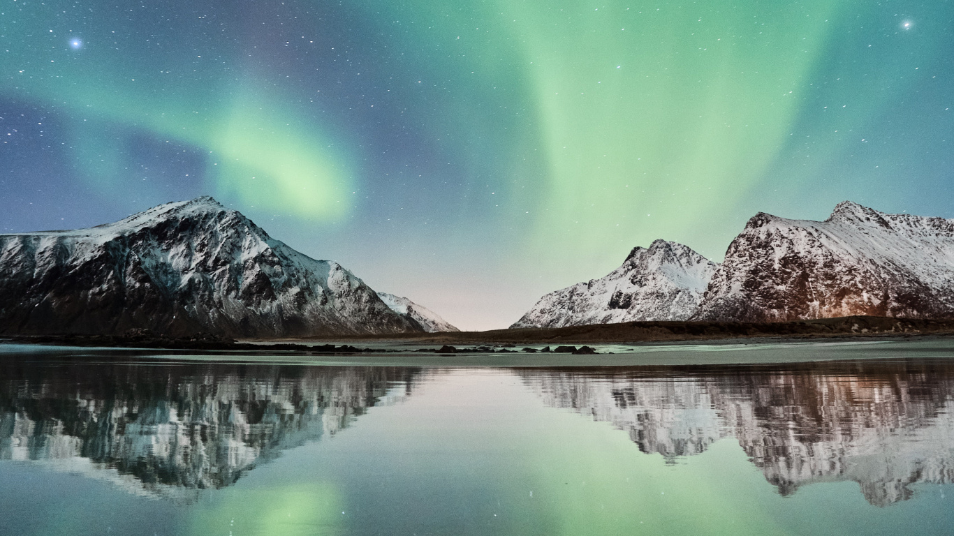 Aurora, Travel, Nature, Natural Landscape, Reflection. Wallpaper in 1366x768 Resolution