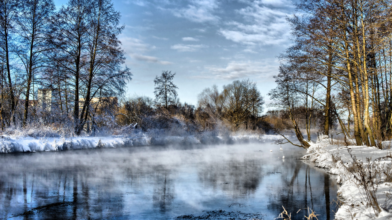 Braune Bäume Neben Dem Fluss Unter Bewölktem Himmel Tagsüber. Wallpaper in 1280x720 Resolution