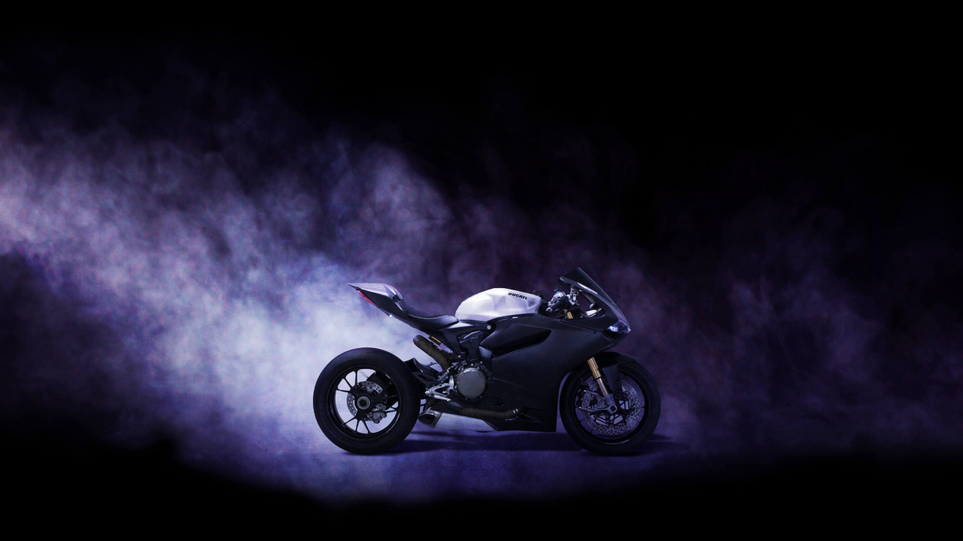 Black and Silver Motorcycle in a Dark Room. Wallpaper in 1366x768 Resolution