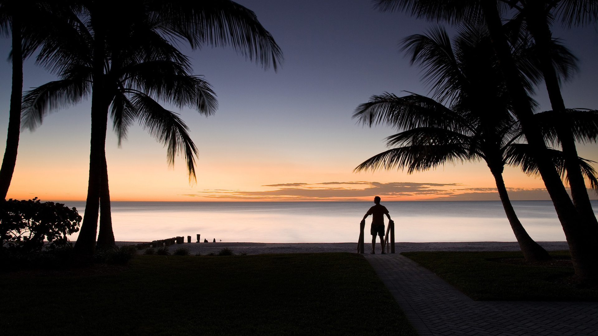 Silueta, De, Gente, Ambulante, En, Playa, Durante, Ocaso. Wallpaper in 1920x1080 Resolution