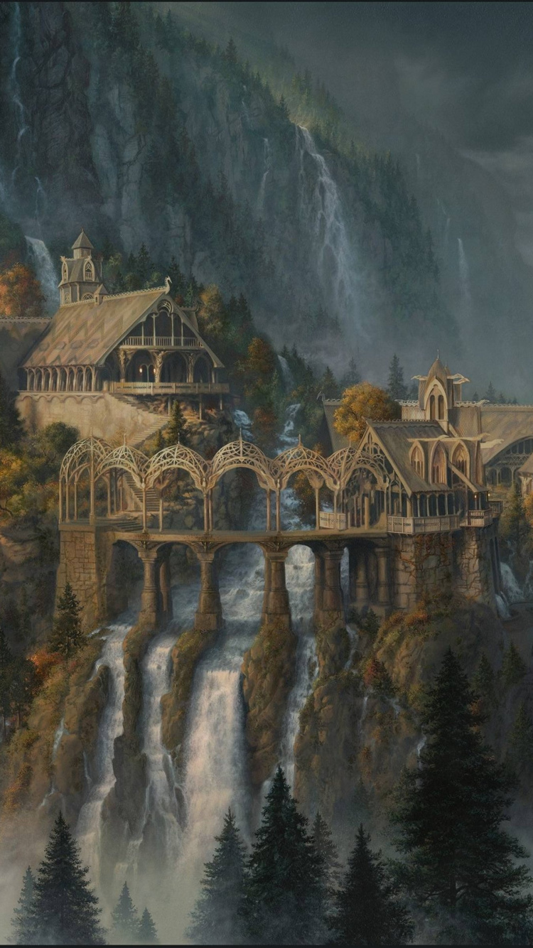 Brown Concrete Building Near Body of Water Painting. Wallpaper in 750x1334 Resolution