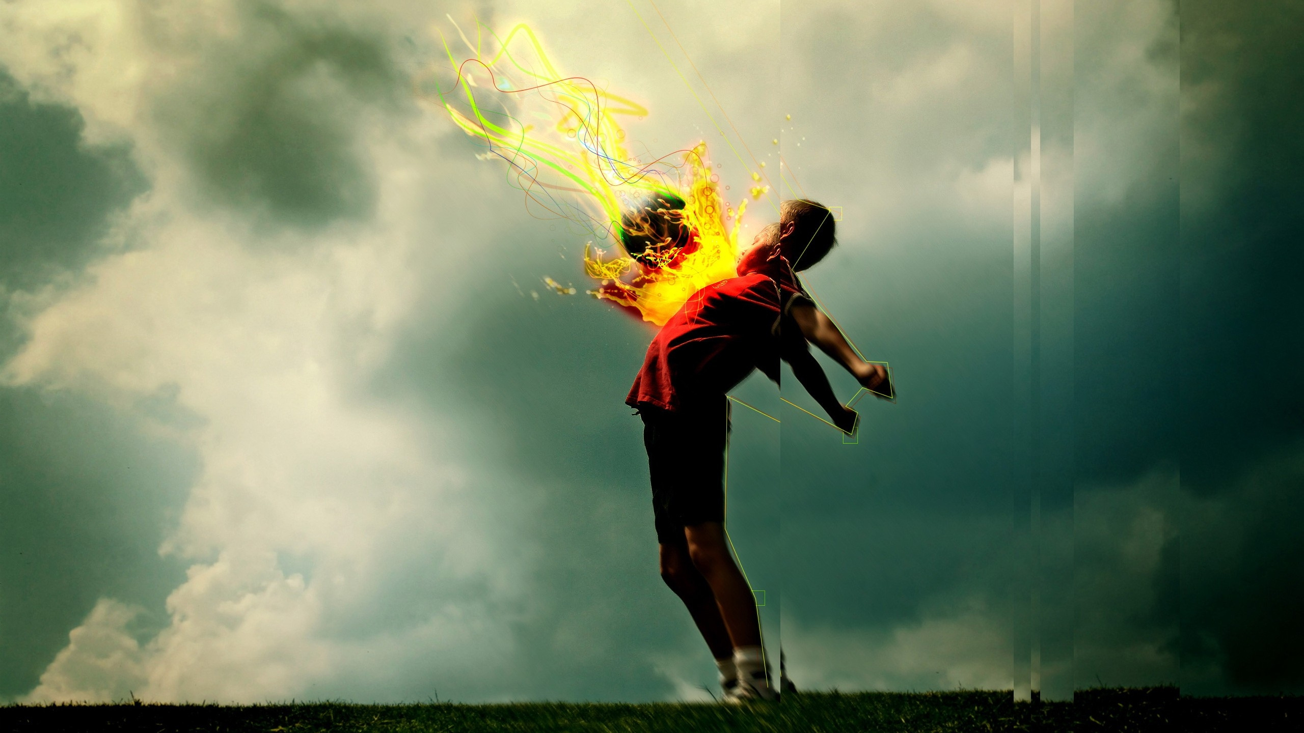 Woman in Red T-shirt and Black Shorts Holding Yellow Fire. Wallpaper in 2560x1440 Resolution