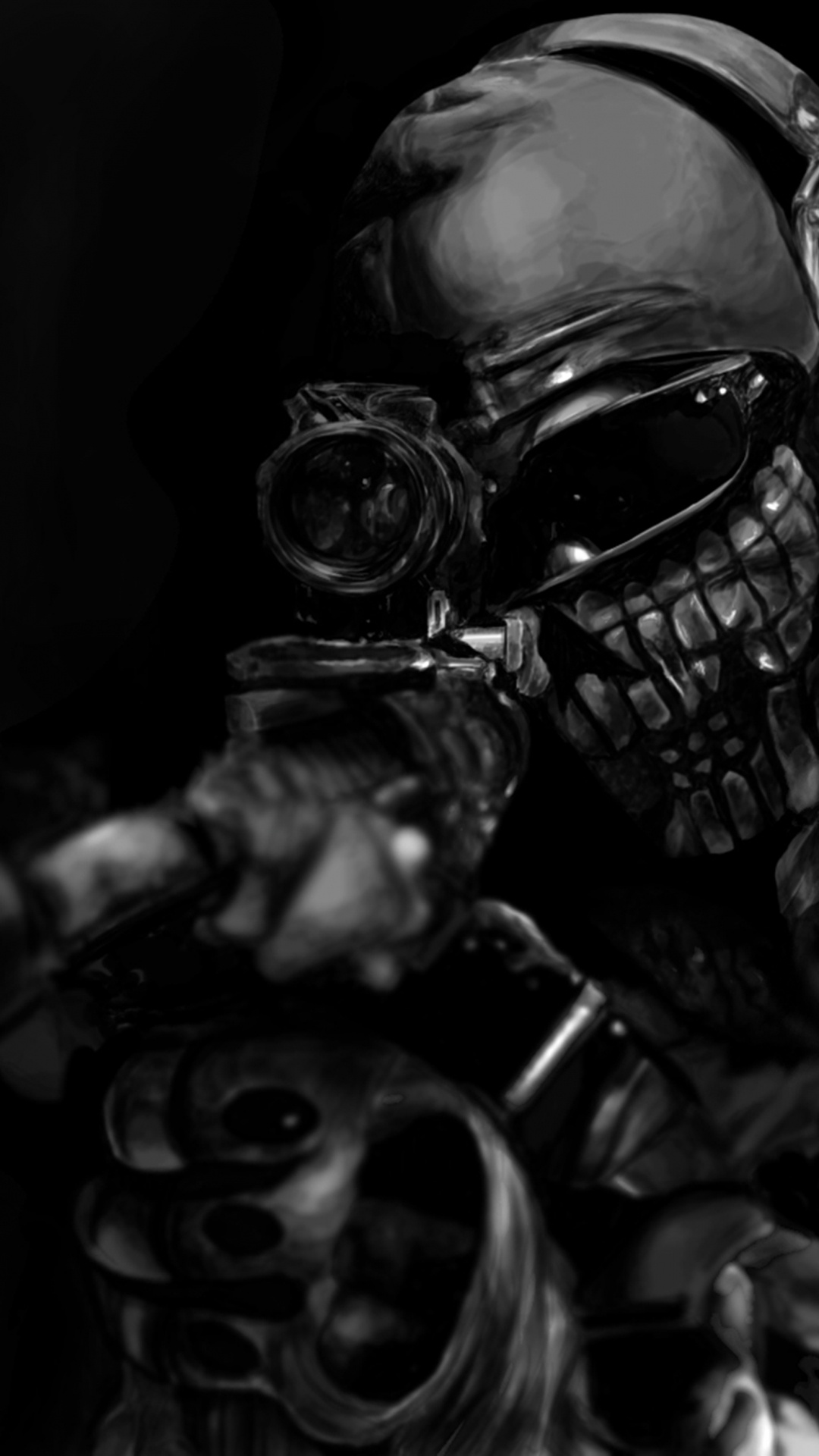 Call of Duty Ghosts, Gasmaske, Monochrom, Soldat, Kanone. Wallpaper in 1080x1920 Resolution