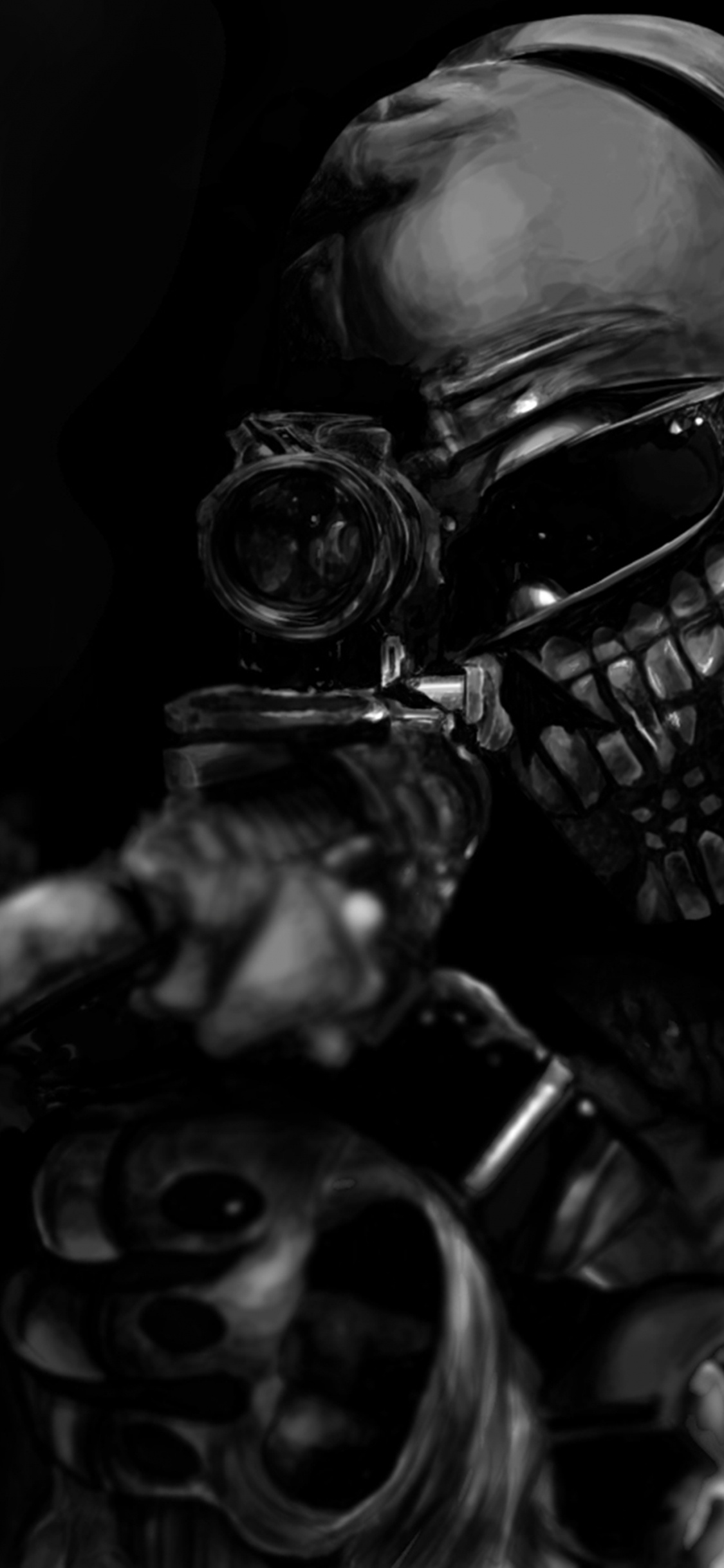 Call of Duty Ghosts, Gasmaske, Monochrom, Soldat, Kanone. Wallpaper in 1125x2436 Resolution