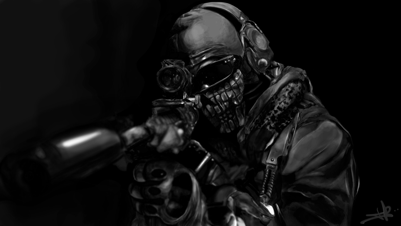 Call of Duty Ghosts, Gasmaske, Monochrom, Soldat, Kanone. Wallpaper in 1366x768 Resolution