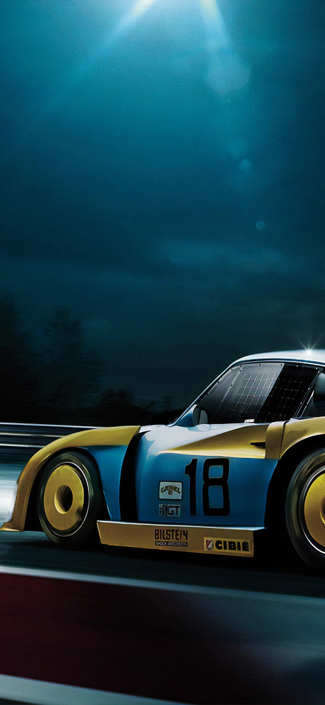 Porsche 911 Blanche et Bleue Sur Route la Nuit. Wallpaper in 1125x2436 Resolution