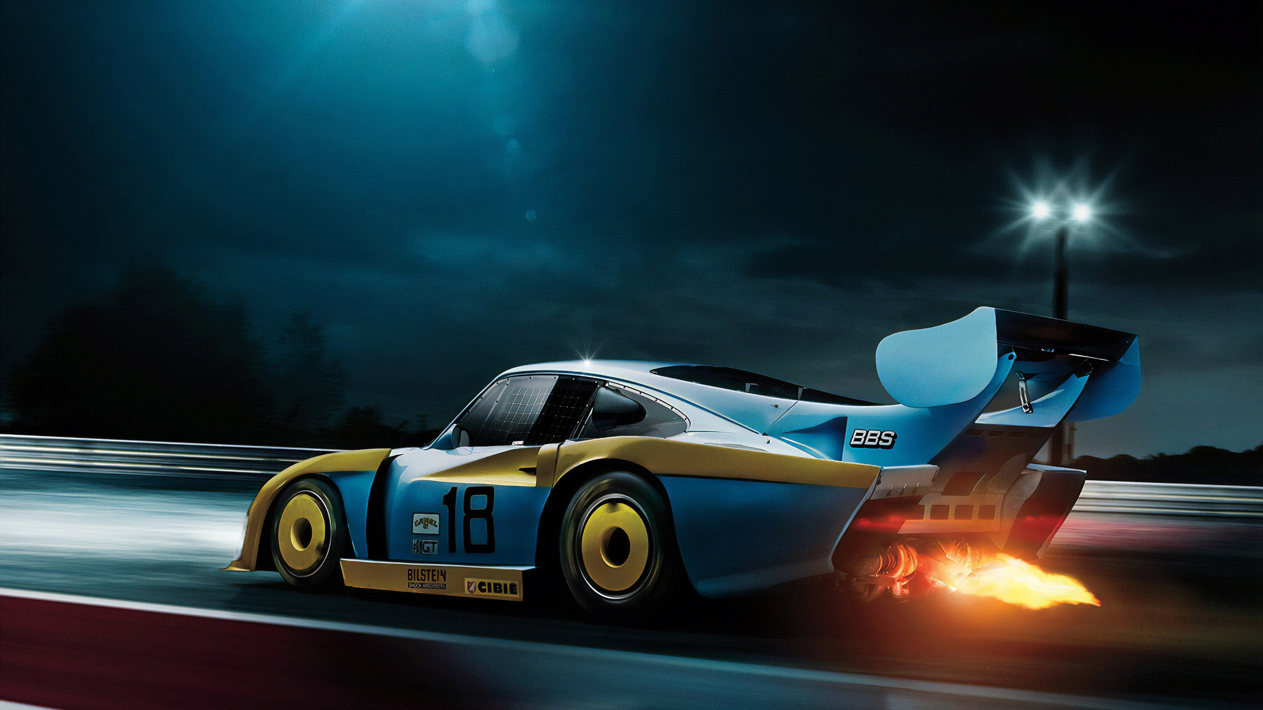 Porsche 911 Blanche et Bleue Sur Route la Nuit. Wallpaper in 2560x1440 Resolution