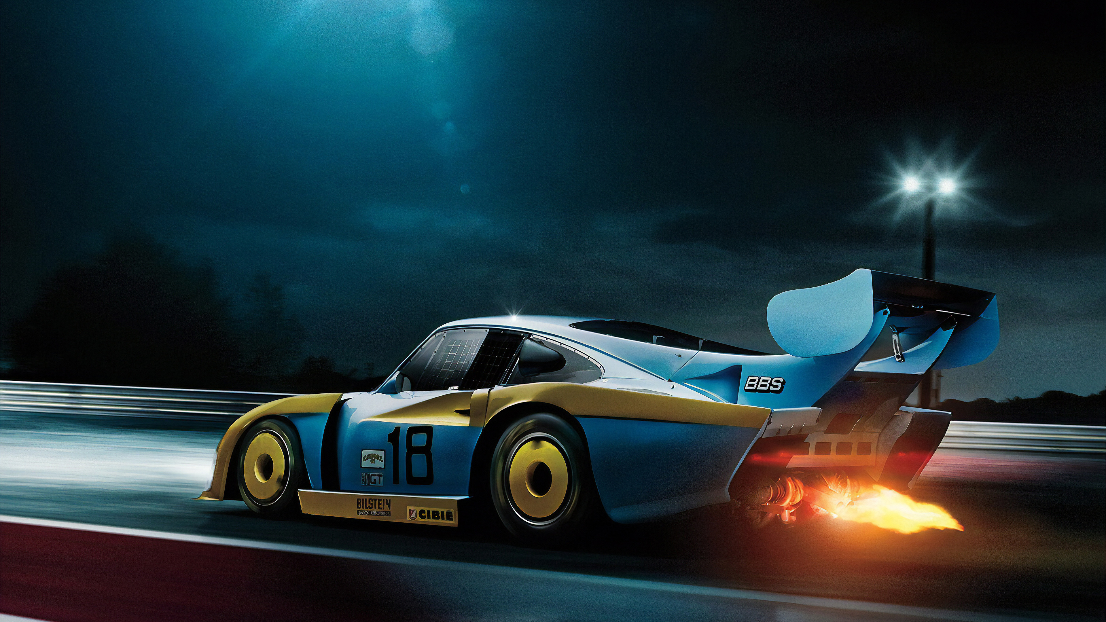 Porsche 911 Blanche et Bleue Sur Route la Nuit. Wallpaper in 3840x2160 Resolution