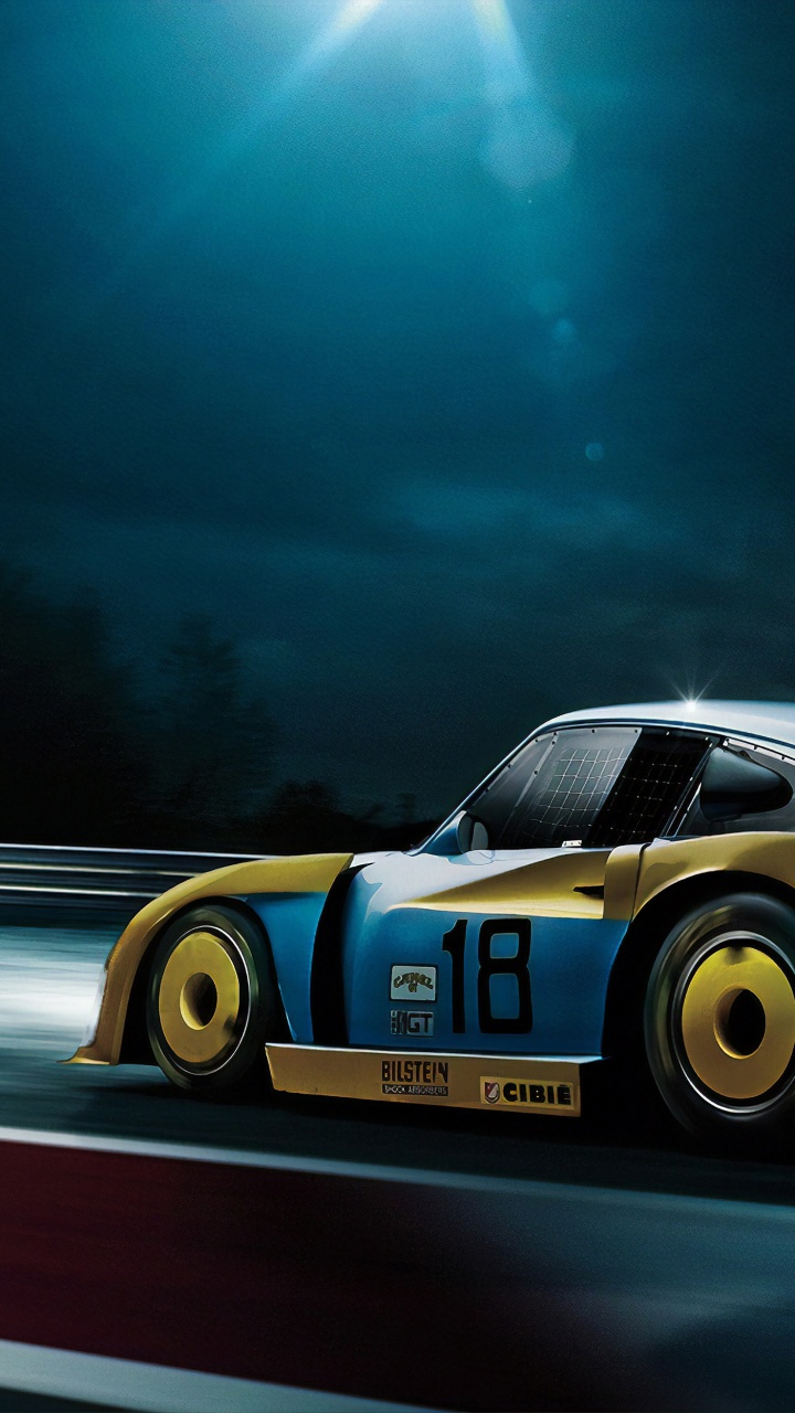 Porsche 911 Blanche et Bleue Sur Route la Nuit. Wallpaper in 720x1280 Resolution