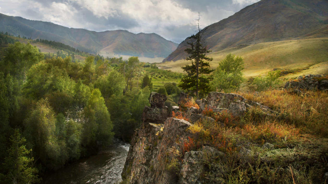 Green Trees on Brown Rocky Mountain During Daytime. Wallpaper in 1366x768 Resolution