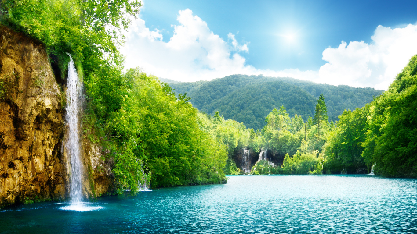 Árboles Verdes Junto al Río Bajo un Cielo Azul Durante el Día. Wallpaper in 1366x768 Resolution