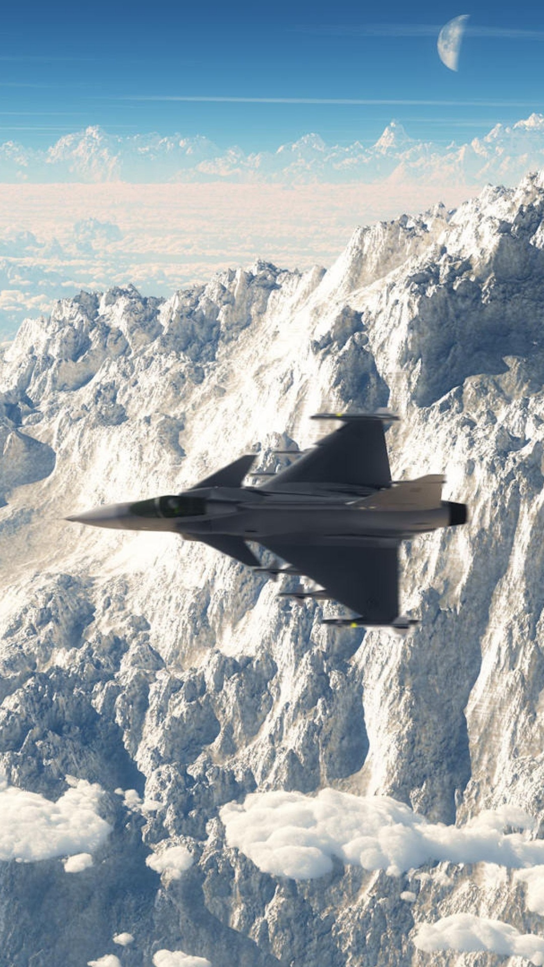 Avión de Combate Negro Sobrevolando Montañas Cubiertas de Nieve Durante el Día. Wallpaper in 1080x1920 Resolution