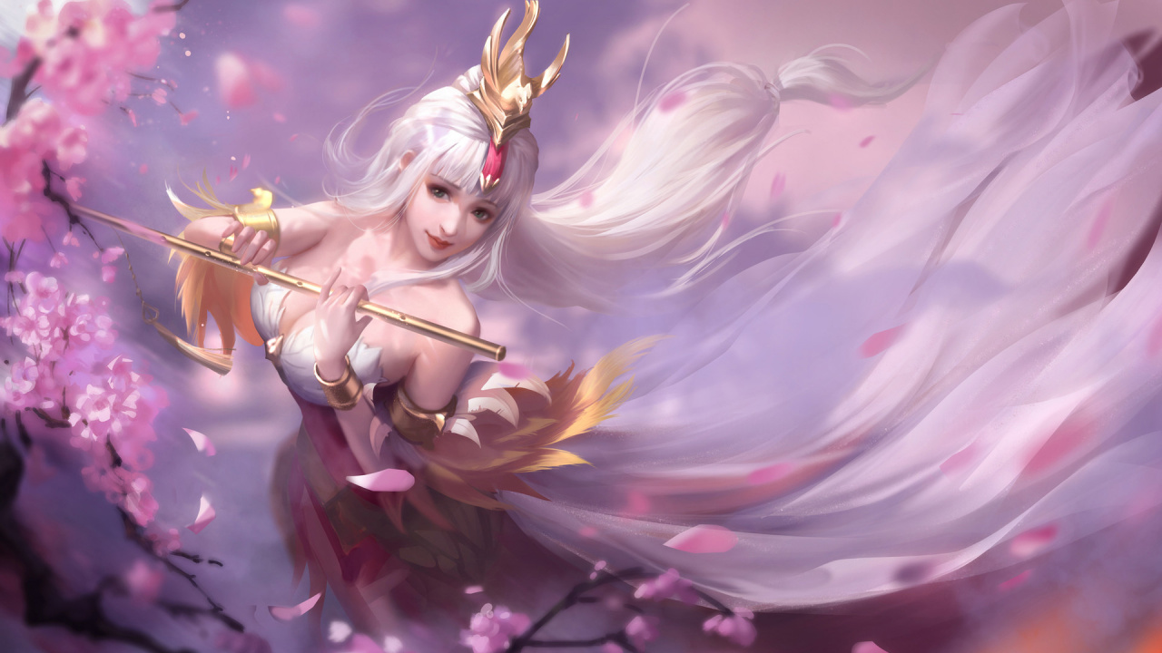 Blonde Haired Woman in White Dress Holding a Stick Illustration. Wallpaper in 1280x720 Resolution