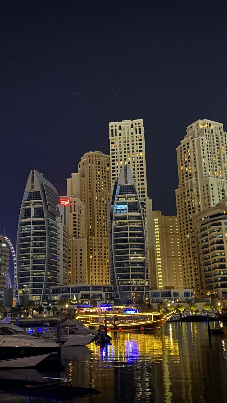 Dubai, Dubai Marina, Nacht, Tower Block, Metropole. Wallpaper in 750x1334 Resolution