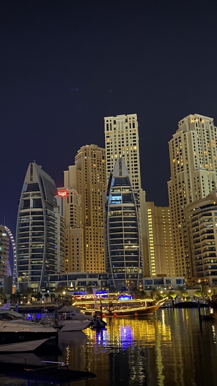 Dubai, Dubai Marina, Night, Tower Block, City. Wallpaper in 720x1280 Resolution