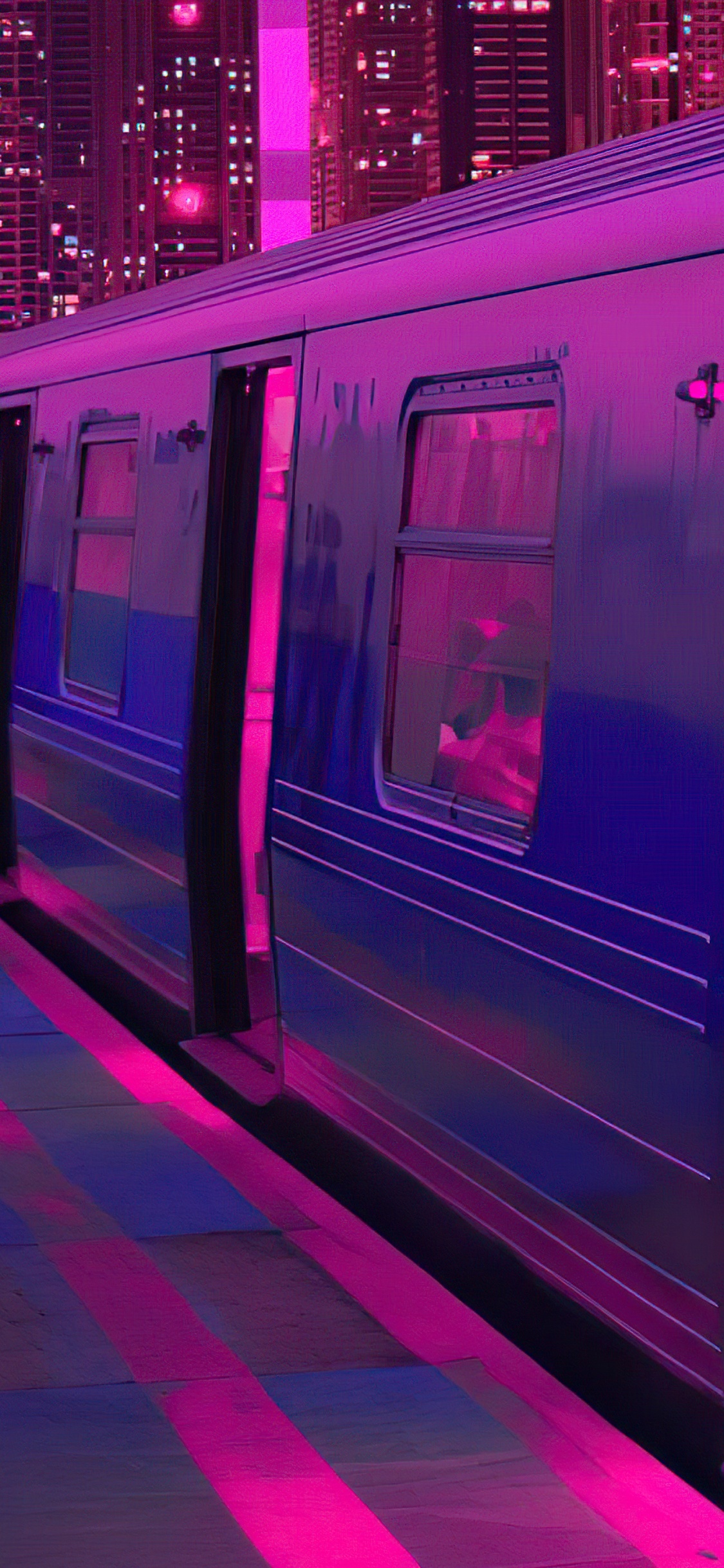 Train Neon Synthwave Buildings 5k. Wallpaper in 1125x2436 Resolution