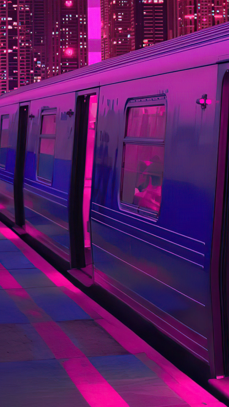 Train Neon Synthwave Buildings 5k. Wallpaper in 750x1334 Resolution