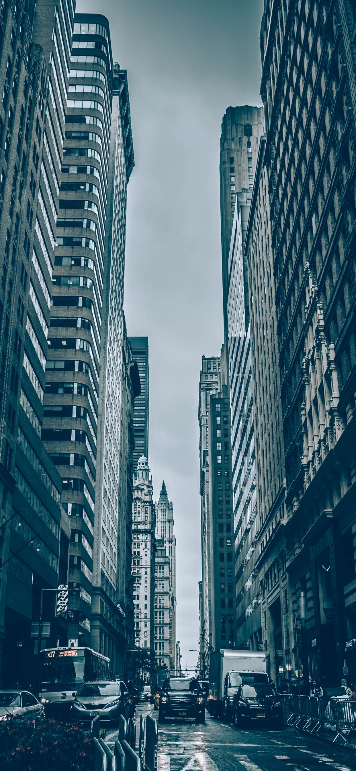 Foto en Escala de Grises de Automóviles en la Carretera Entre Edificios de Gran Altura. Wallpaper in 1242x2688 Resolution