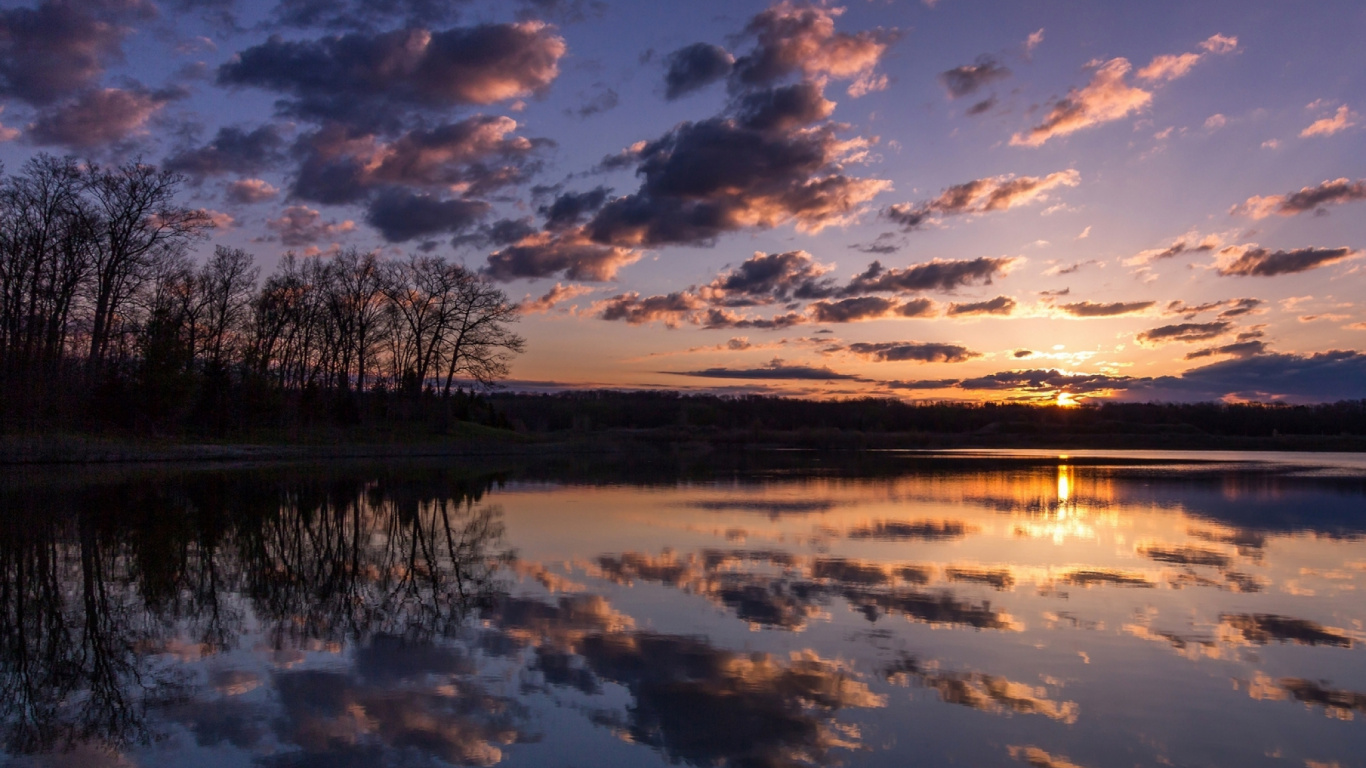 Gewässer in Der Nähe Von Bäumen Bei Sonnenuntergang. Wallpaper in 1366x768 Resolution