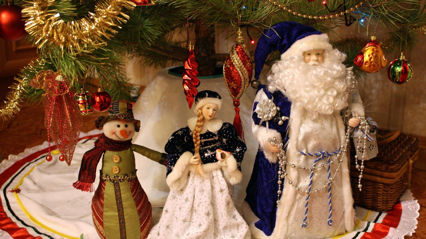 Ded Moroz, Neujahr, Weihnachtsmann, Schneemann, Weihnachten. Wallpaper in 1366x768 Resolution
