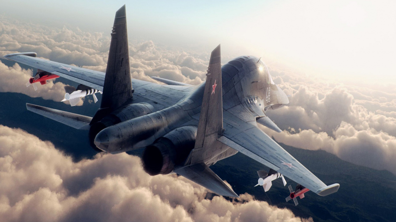 Gray Fighter Jet Flying Over White Clouds During Daytime. Wallpaper in 1366x768 Resolution