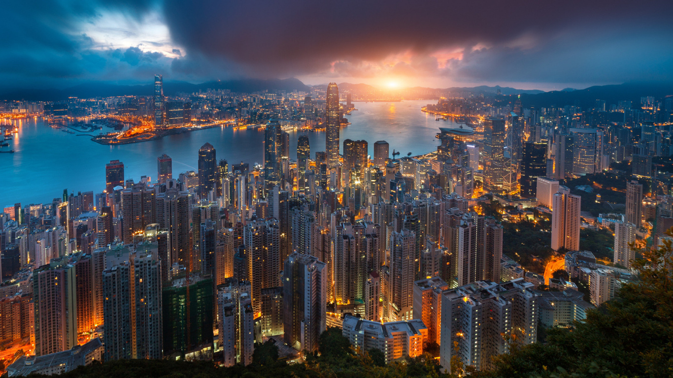 Skyline Der Stadt Bei Nacht Night. Wallpaper in 1366x768 Resolution