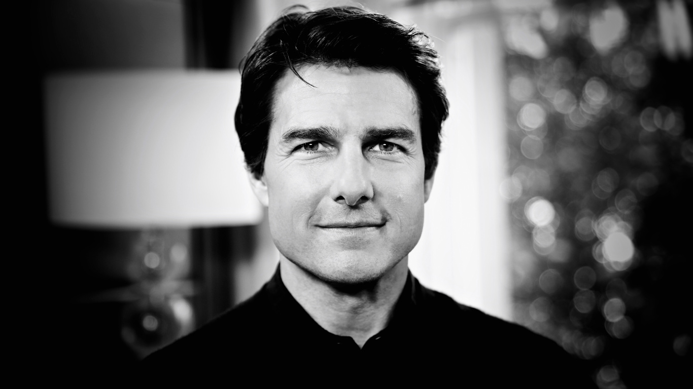 Tom Cruise, Noir et Blanc, Portrait, Face, Menton. Wallpaper in 1366x768 Resolution