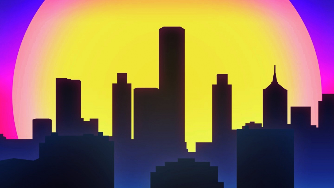 City, Vaporwave, Synthwave, Illustration, Graphic Design. Wallpaper in 1366x768 Resolution