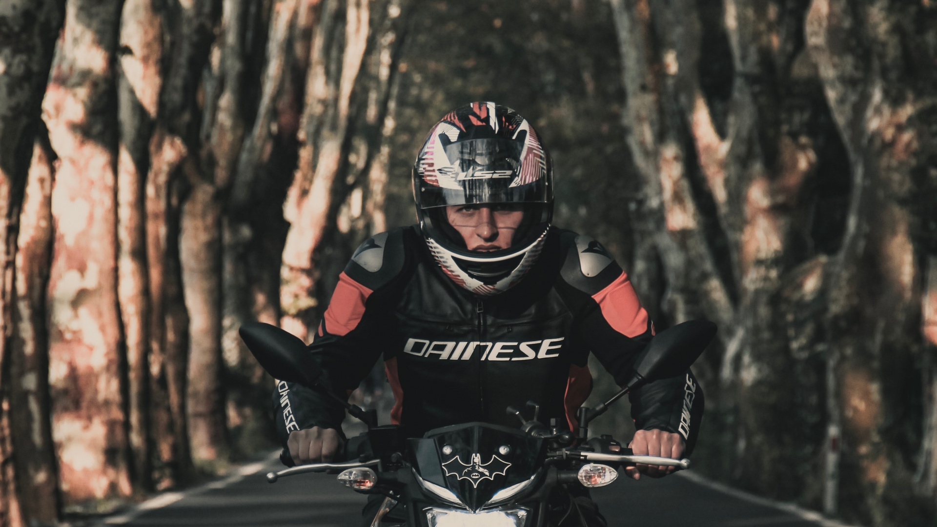 Man in Black and Red Motorcycle Suit Riding Motorcycle on Road During Daytime. Wallpaper in 1920x1080 Resolution