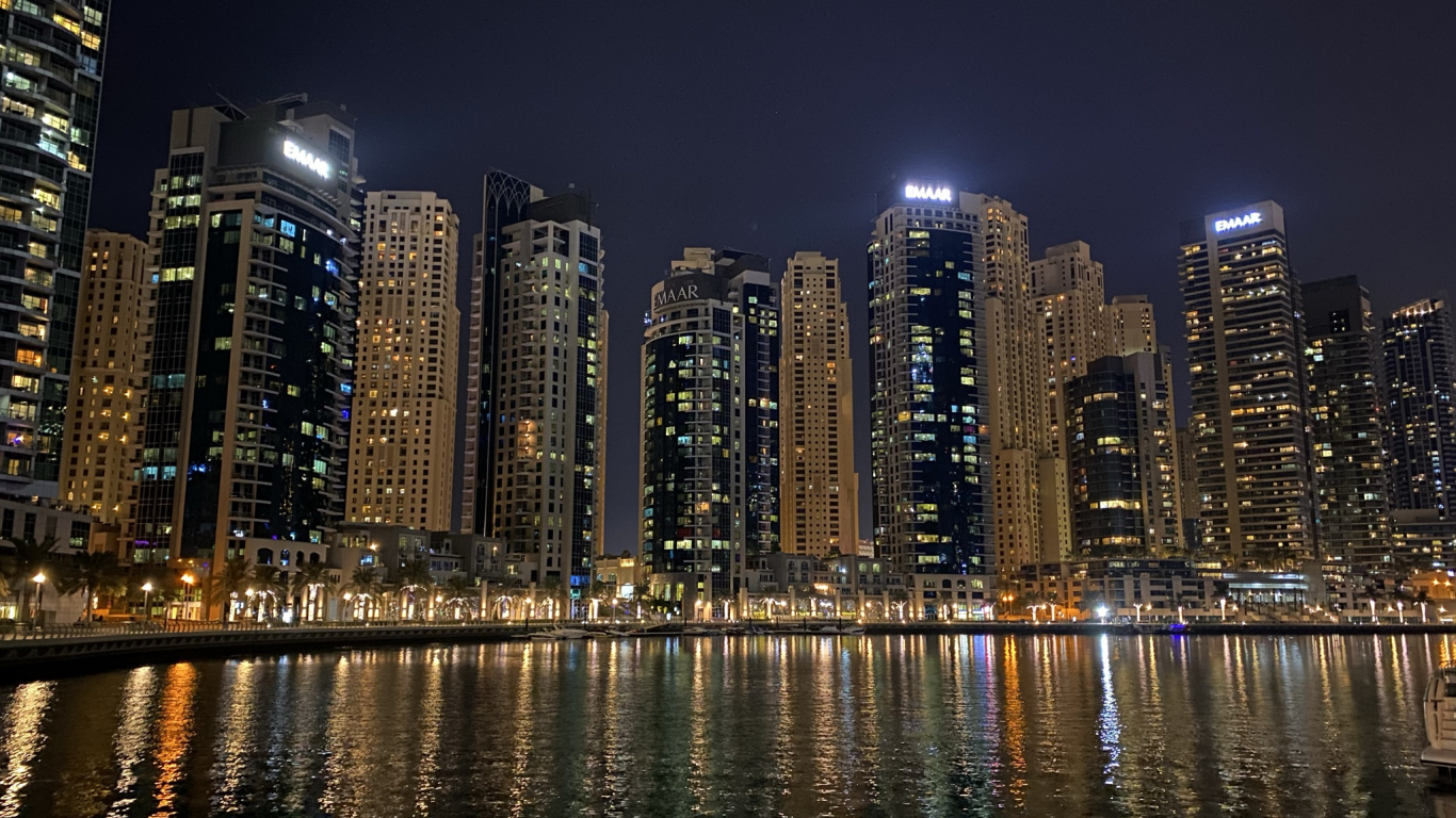 Dubai, Dubai Marina, Tower Block, Nacht, Metropole. Wallpaper in 1366x768 Resolution