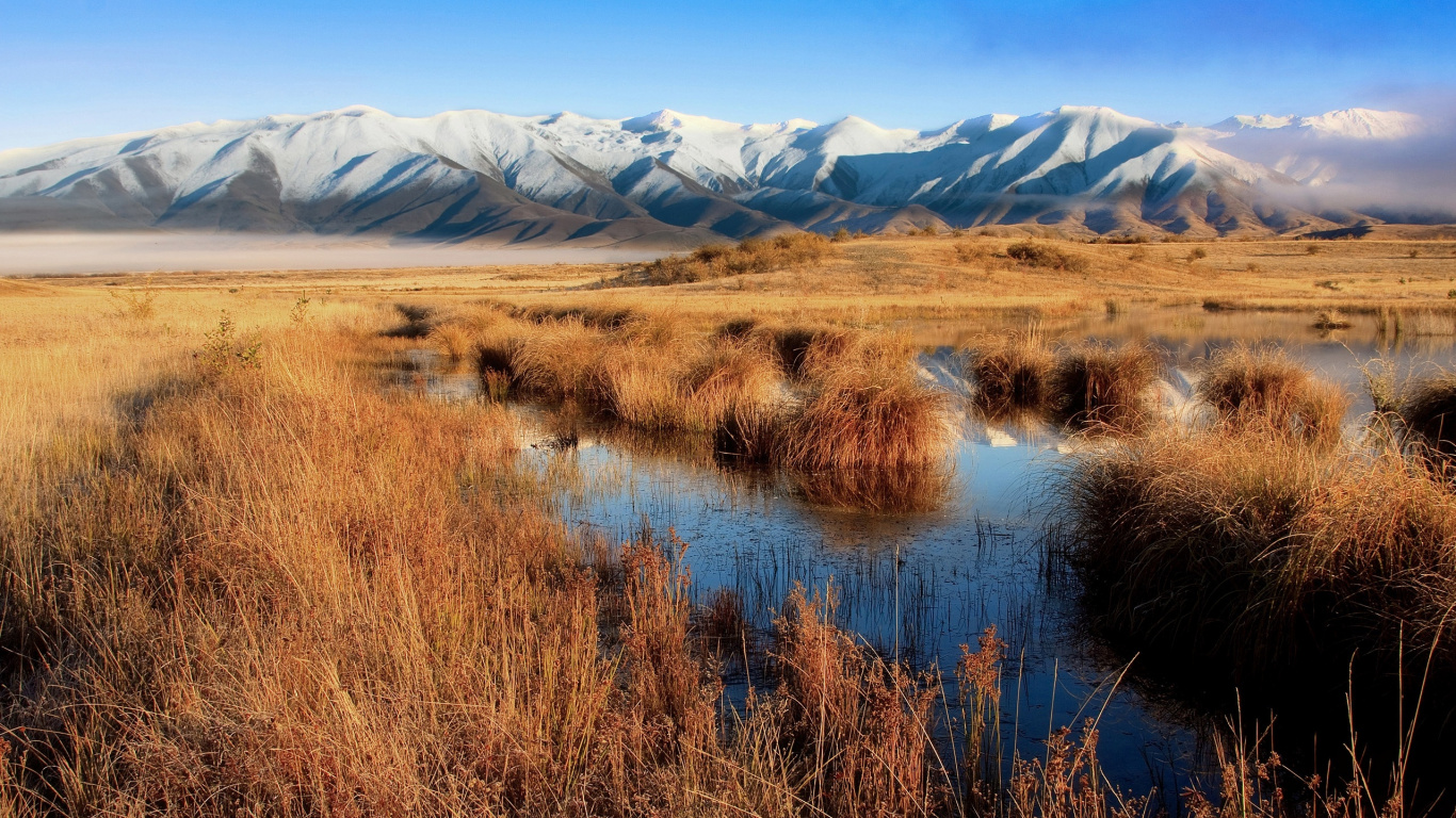 Brown Grass Near Lake and Snow Covered Mountains During Daytime. Wallpaper in 1366x768 Resolution