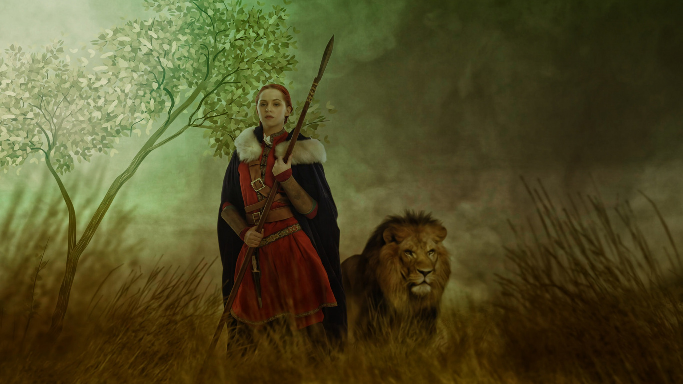 Hombre en Vestido Rojo y Marrón Sosteniendo un Palo Marrón. Wallpaper in 1366x768 Resolution