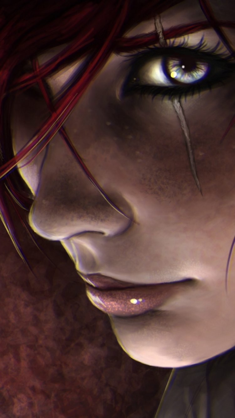 Frau Mit Schwarzen Haaren Und Roten Augen. Wallpaper in 750x1334 Resolution