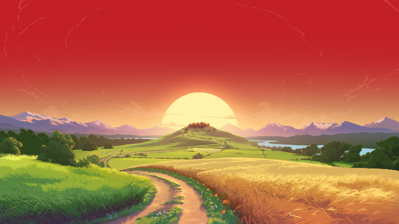 Sonnenaufgangslandschaft, Sonnenaufgang, Natur, Landschaftsmalerei, Sonnenuntergang. Wallpaper in 1280x720 Resolution