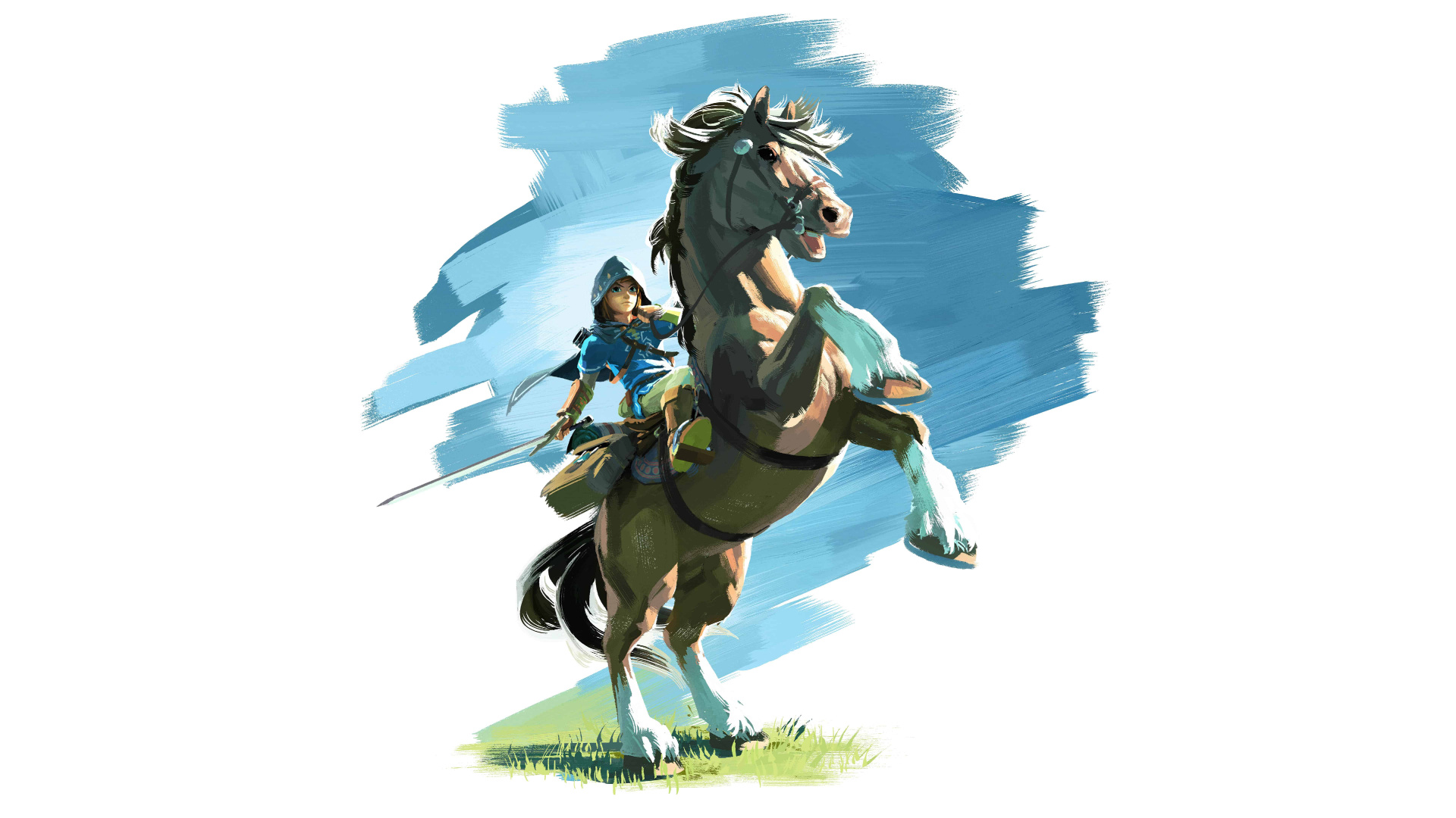 Woman in Blue Dress Riding White Horse Illustration. Wallpaper in 1920x1080 Resolution
