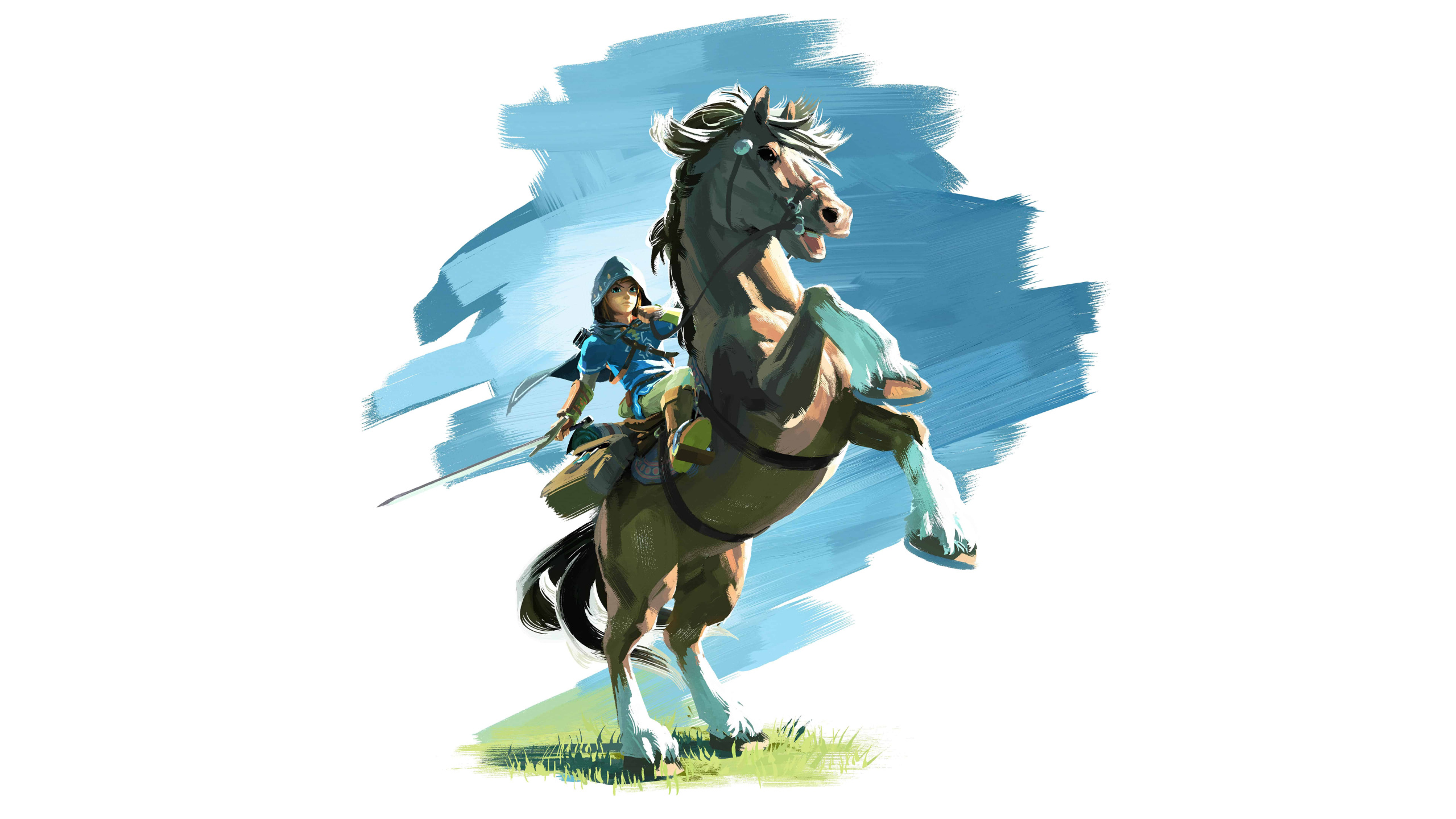 Woman in Blue Dress Riding White Horse Illustration. Wallpaper in 2560x1440 Resolution