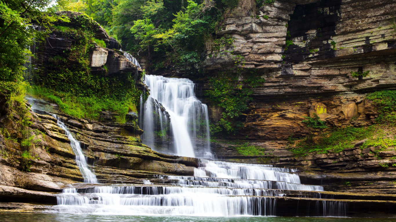 Waterfalls in The Middle of The Forest. Wallpaper in 1366x768 Resolution