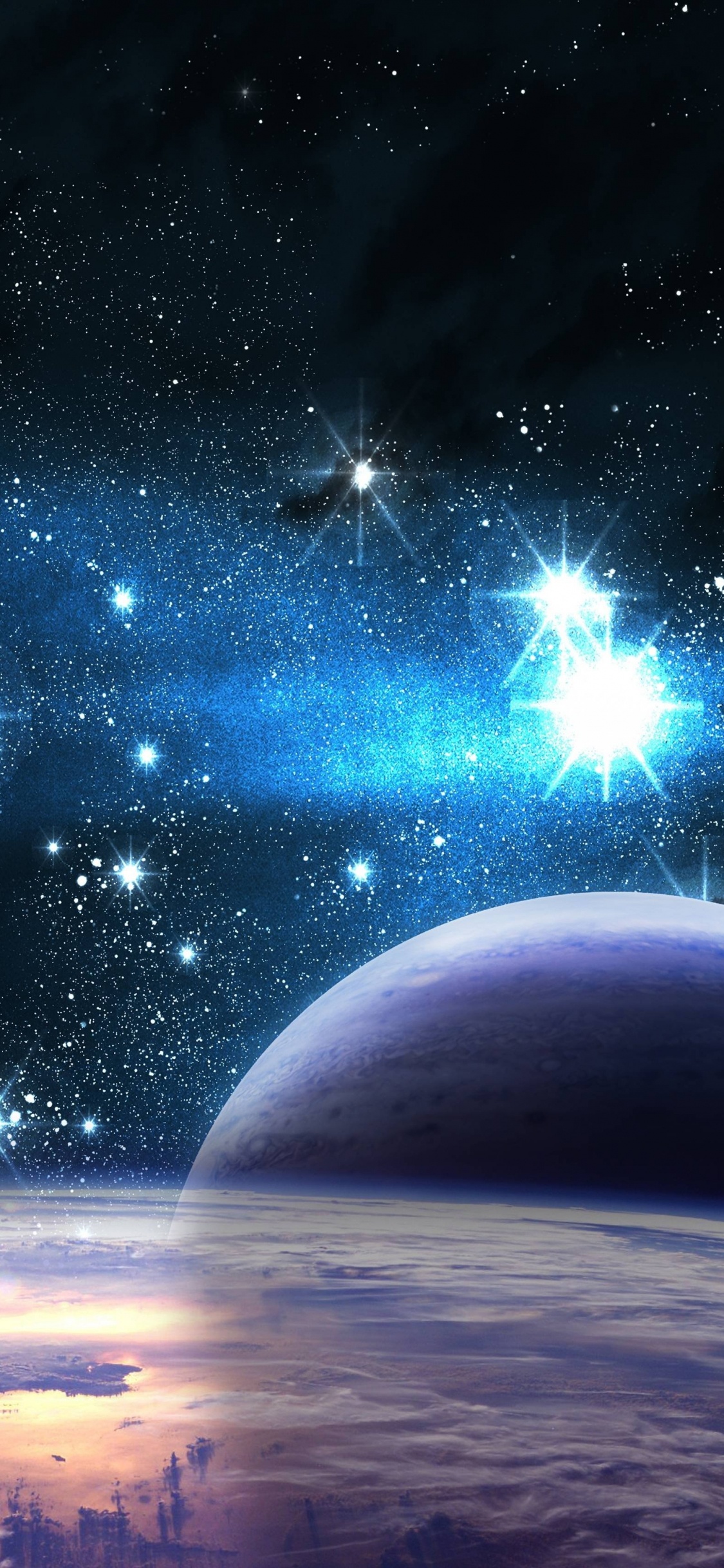 Blau-weißer Planet Mit Sternen. Wallpaper in 1125x2436 Resolution