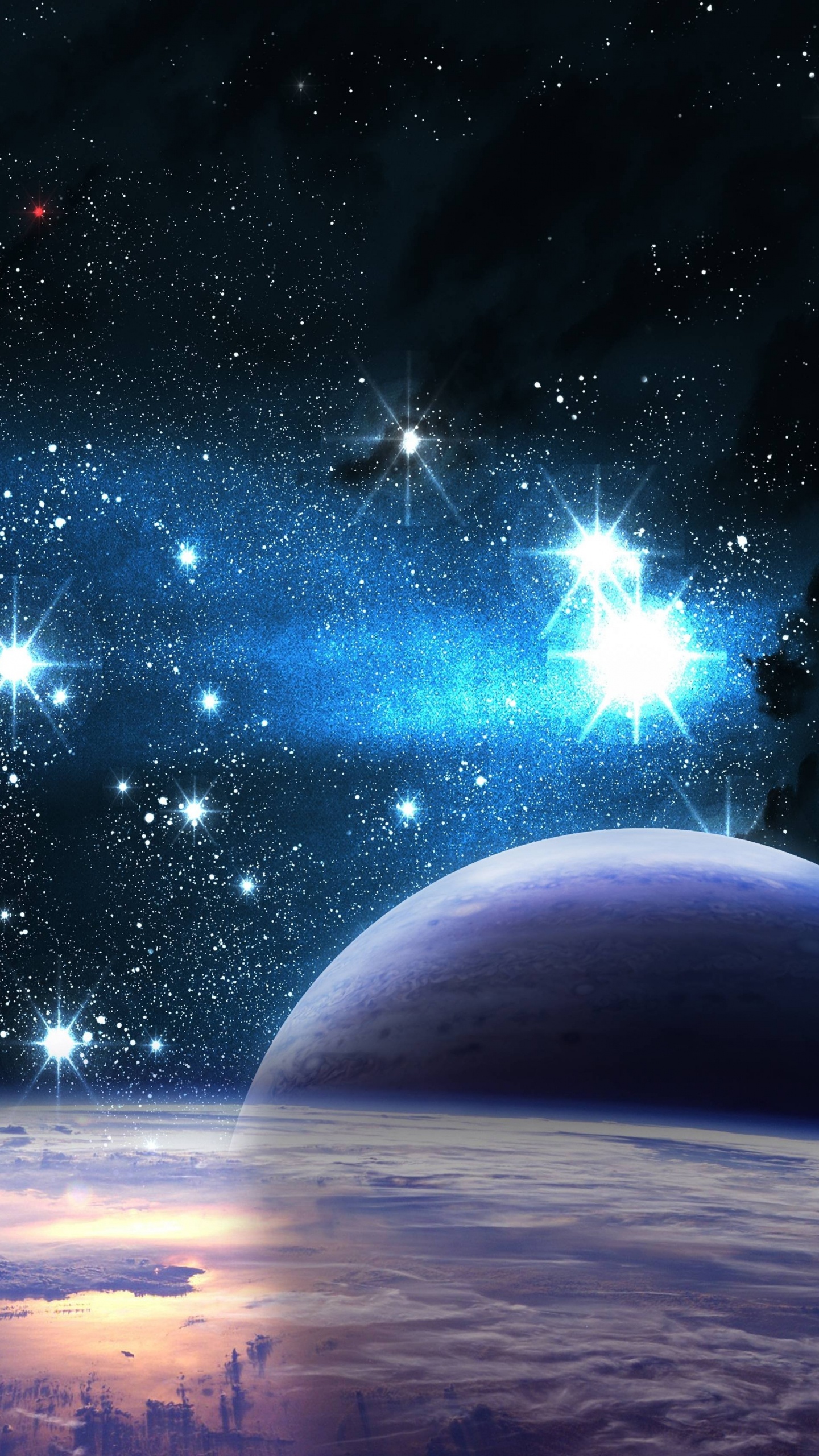 Blau-weißer Planet Mit Sternen. Wallpaper in 1440x2560 Resolution
