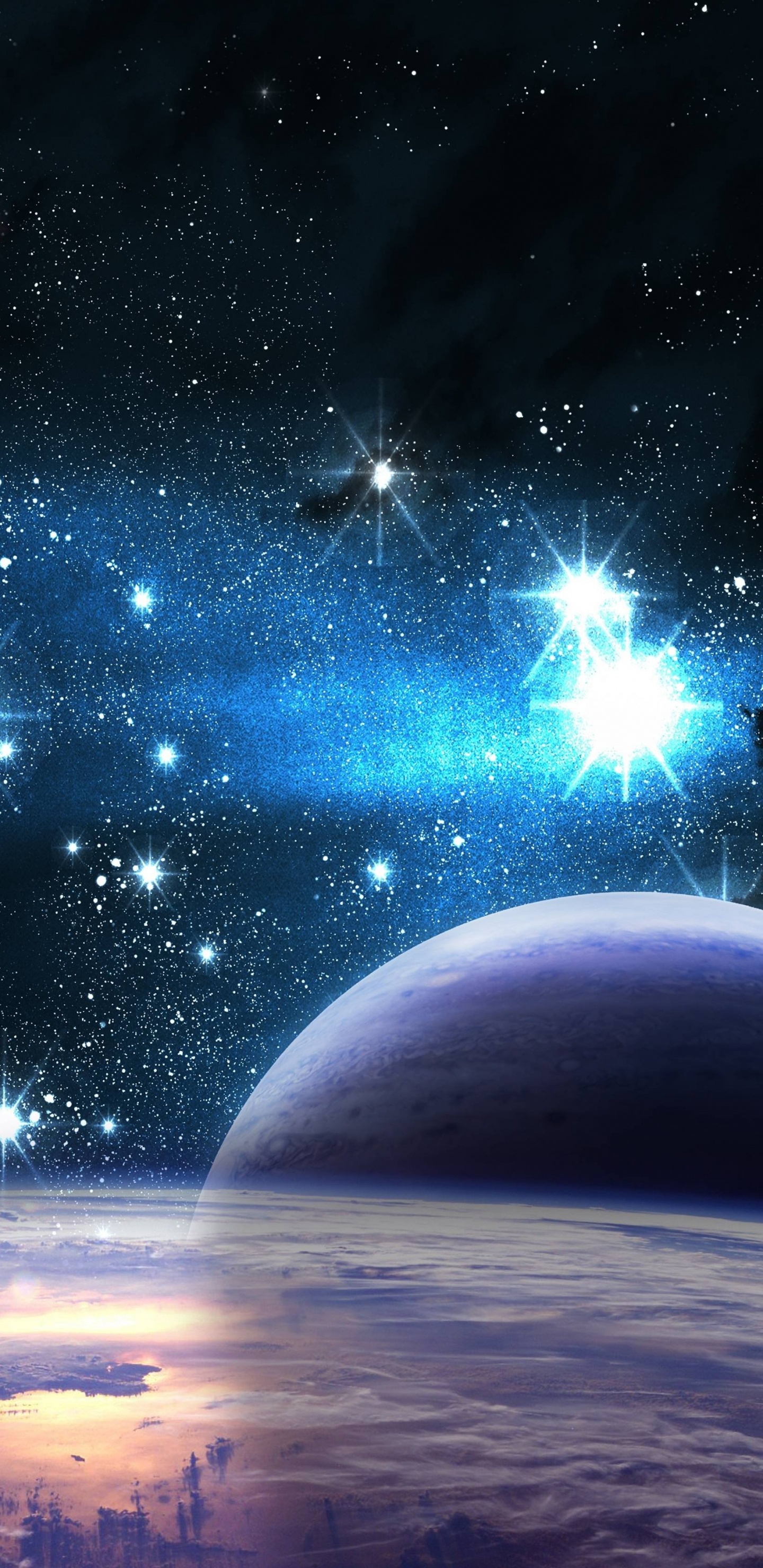 Blau-weißer Planet Mit Sternen. Wallpaper in 1440x2960 Resolution