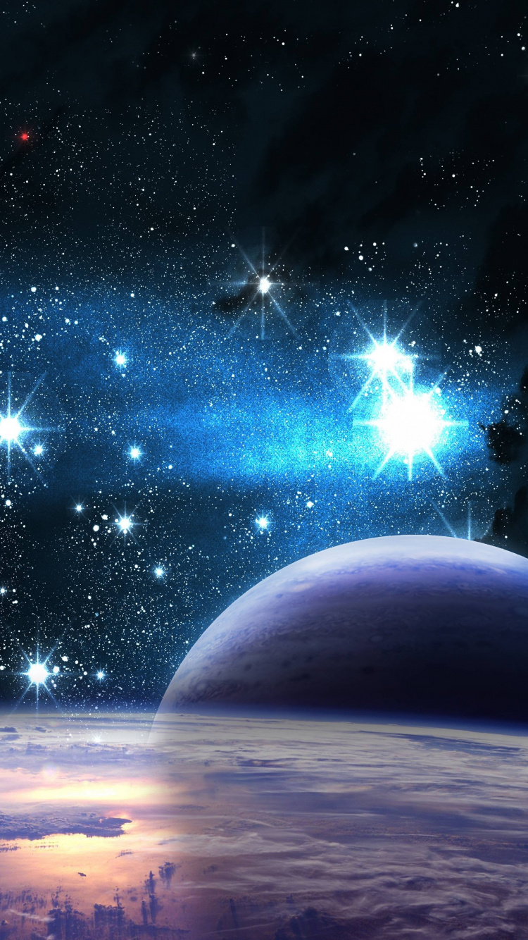 Blau-weißer Planet Mit Sternen. Wallpaper in 750x1334 Resolution