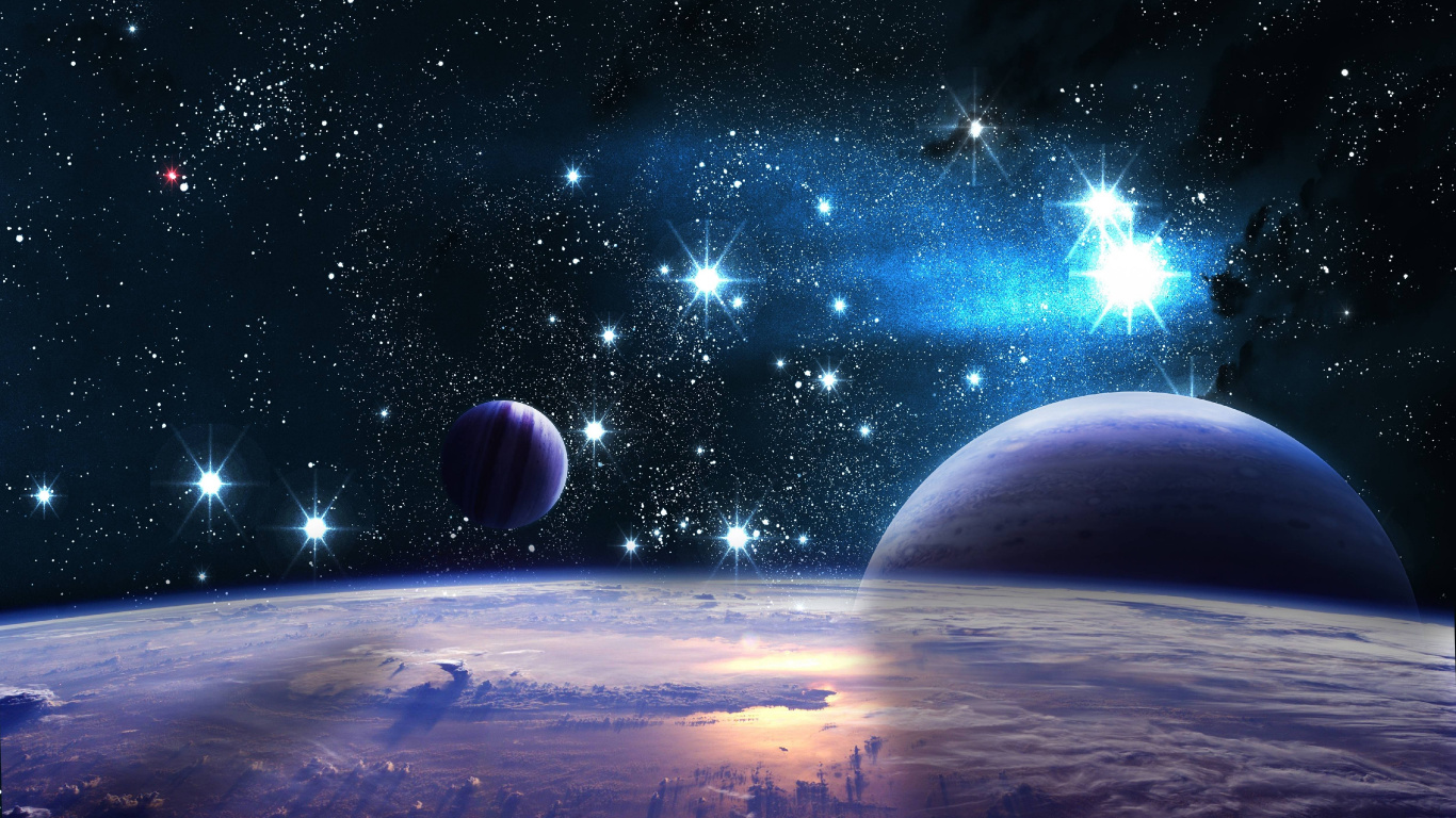 Blue and White Planet With Stars. Wallpaper in 1366x768 Resolution