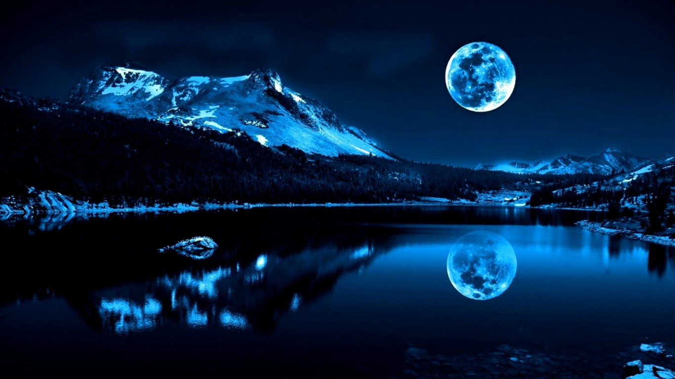 Pleine Lune Sur Lac et Montagne. Wallpaper in 1366x768 Resolution