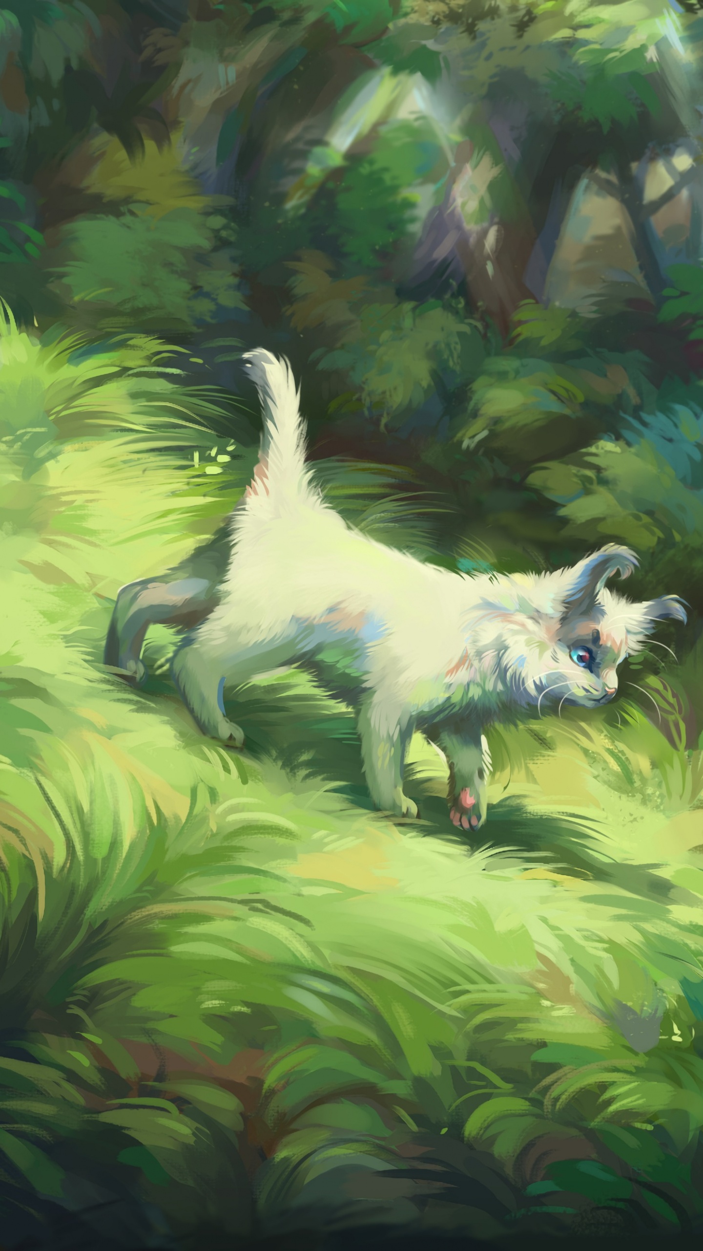 Perro de Pelo Corto Blanco Sobre Hojas Verdes. Wallpaper in 1440x2560 Resolution