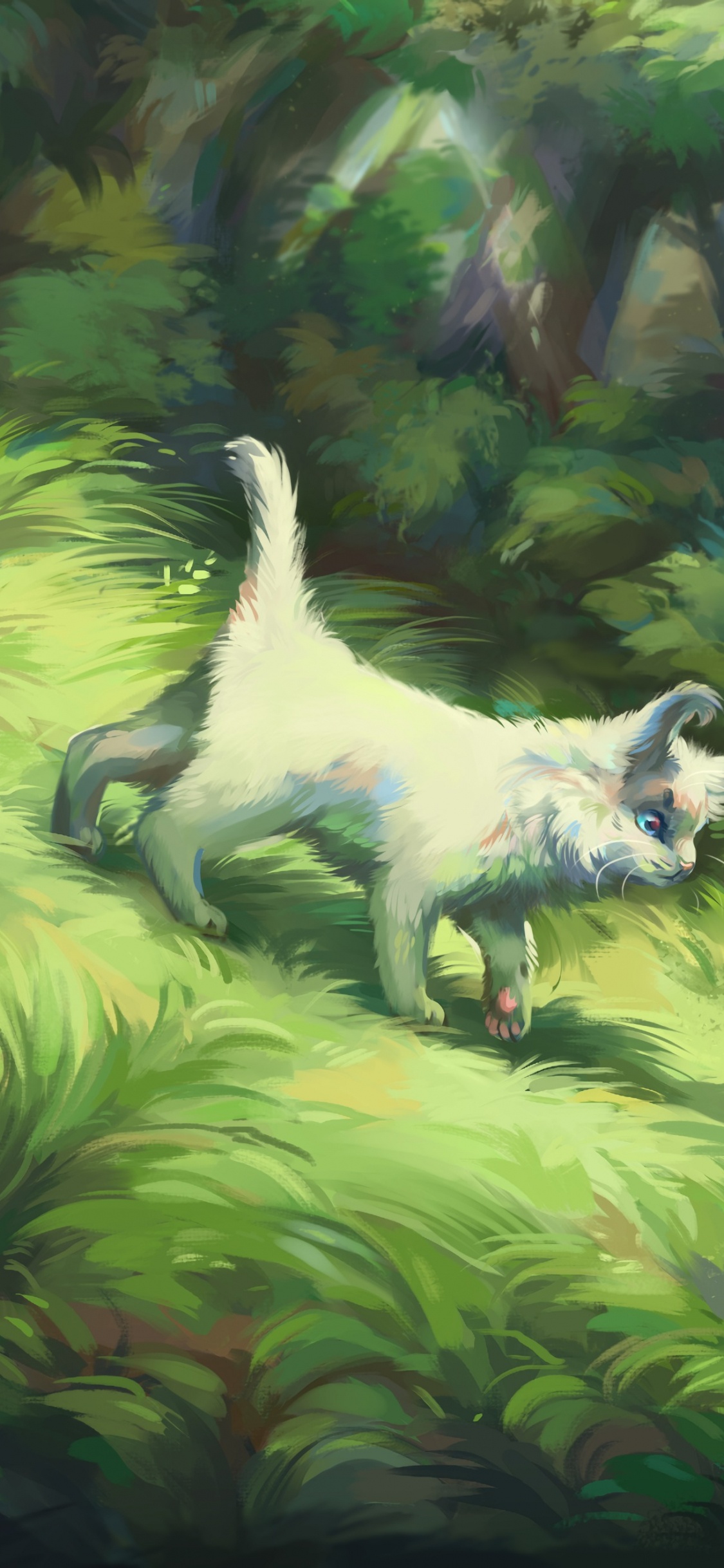 Weißer, Kurzhaariger Hund Auf Grünen Blättern. Wallpaper in 1125x2436 Resolution