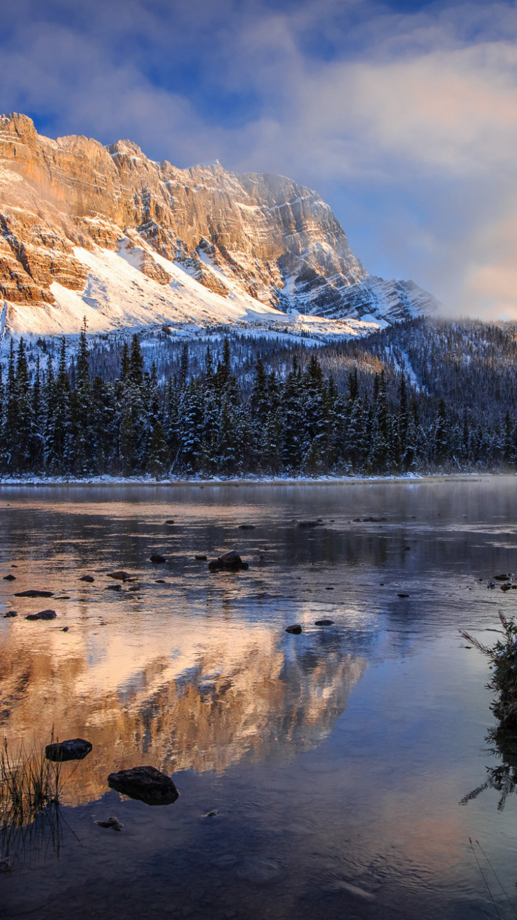 Lac Entouré D'arbres et de Montagnes Enneigées. Wallpaper in 750x1334 Resolution